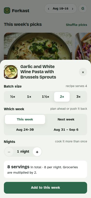 Adding a meal: choose batch size, which week and how many nights