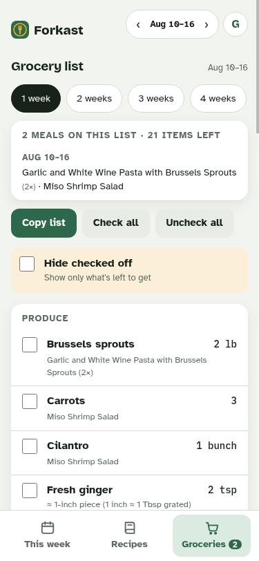 The grocery list grouped by aisle with amounts and which meal each item is for