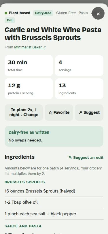 A recipe page with time, servings, protein, dairy check and ingredients